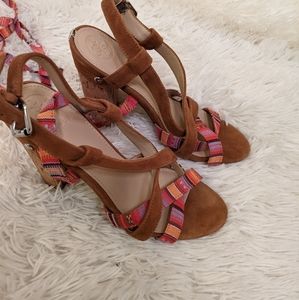 Guess Lace Up Tan and Pink Cork Heels 6.5